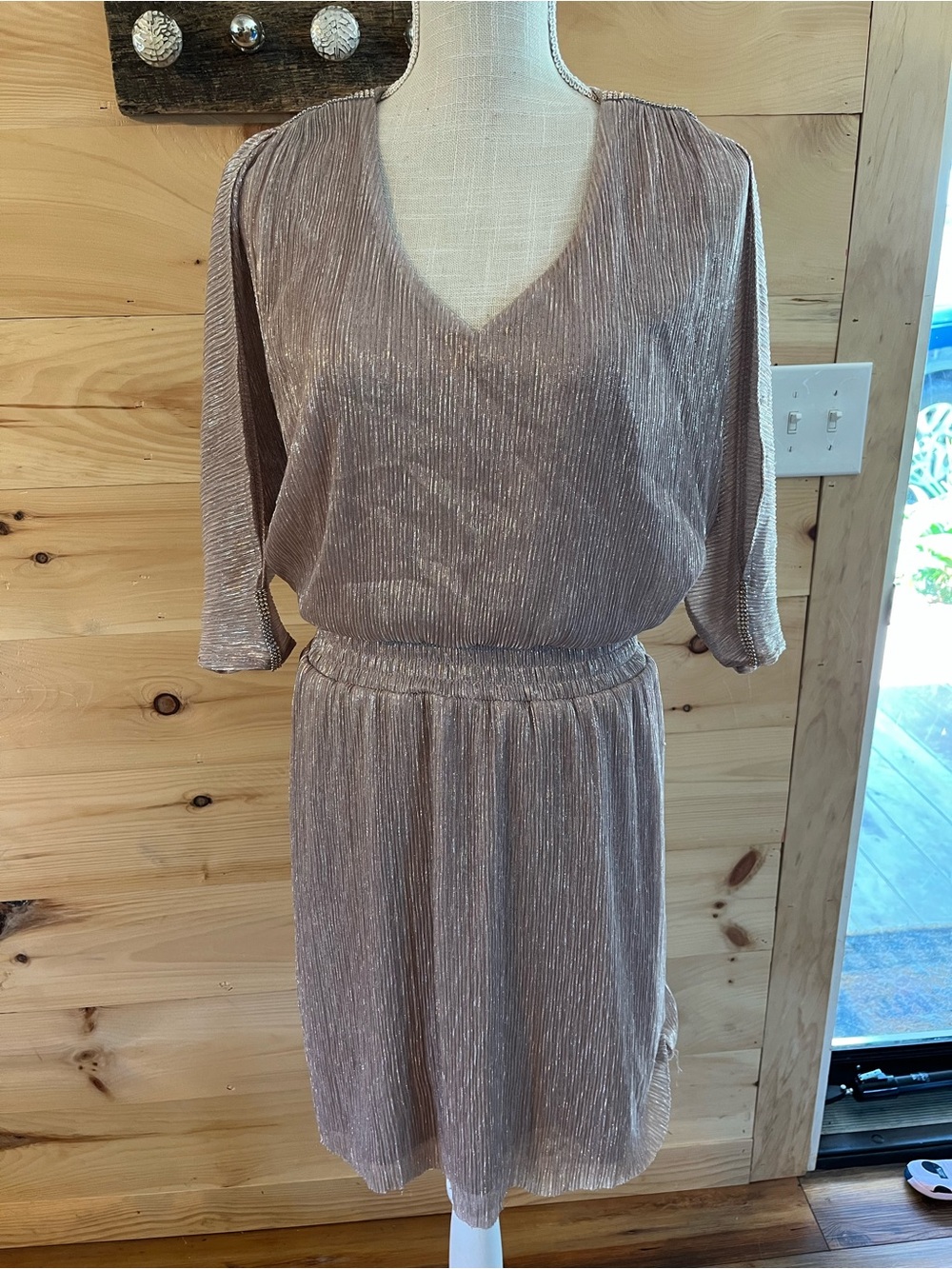 MSK Shimmery Taupe Metallic V-Neck Midi Dress Medium